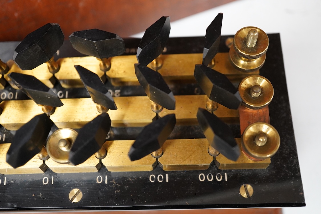 An early 20th century mahogany cased Wheatstone Bridge by C.J. Simmons, London, intended to measure electrical resistance, the case dimensions; 26cm x 14cm x 16.5cm, together with a leather cased brass Galvanometer, inte